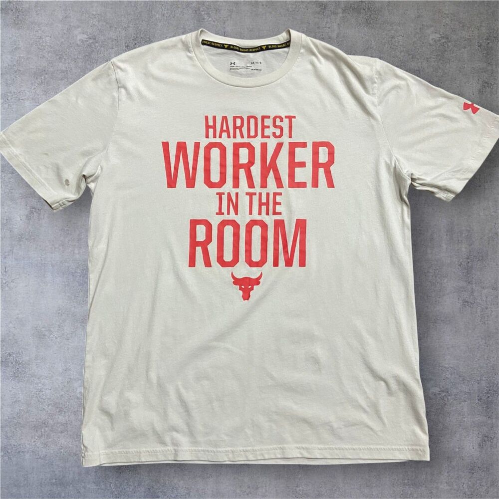 Under Armour Iron Paradise Workout Gym Hardest Worker Tee Tan Men's Size Large